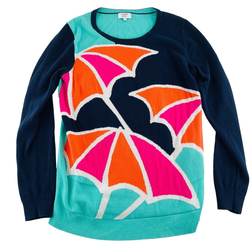 Crown &‎ Ivy Women's Small Sweater Colorful Umbrellas Pullover Crew Neck